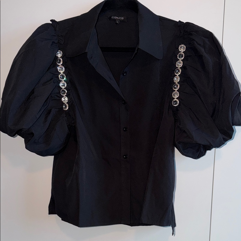 Elegant Black Puff Sleeve Blouse with Embellishments